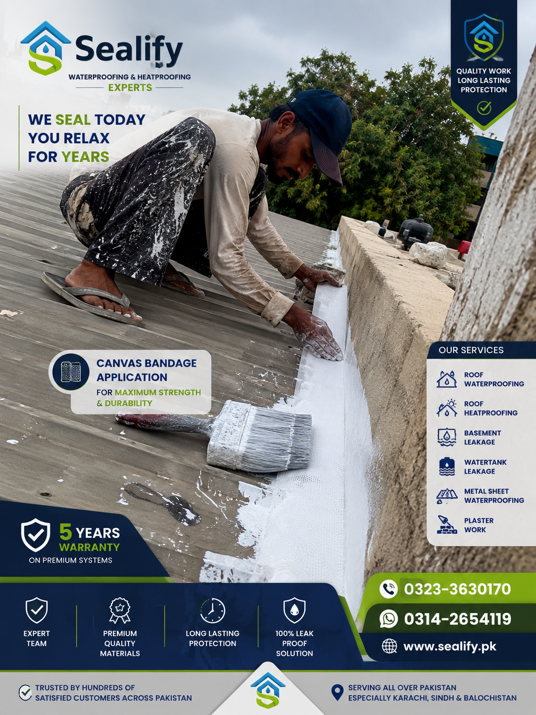 Professional Canvas Bandage Roof Waterproofing Process in Karachi by Sealify